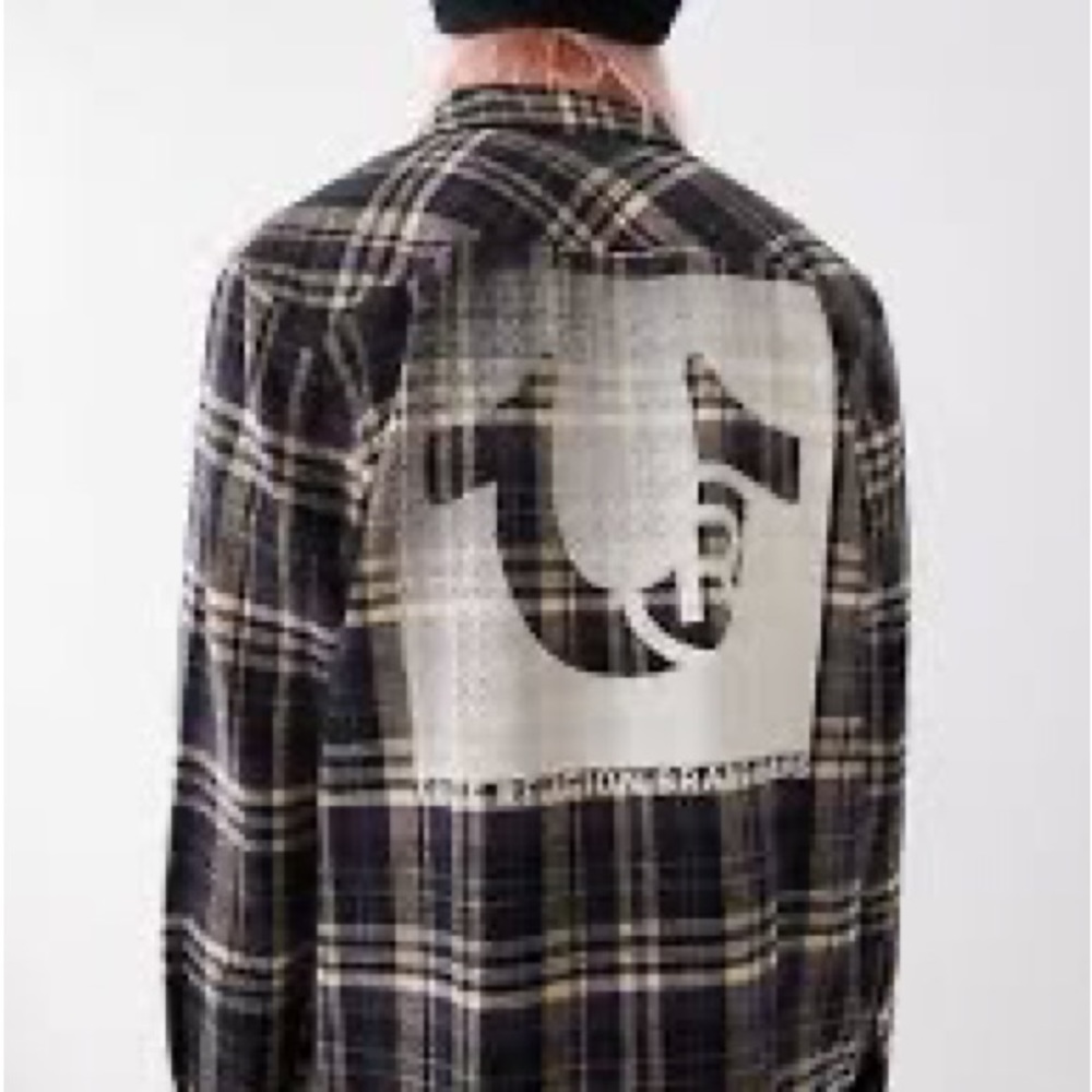True Religion Workwear Gray Black Plaid Shirt Travertine Mens Size Small 105516